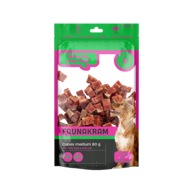 Faunakram mellemstore godbidsterninger med and og torsk (80 g)